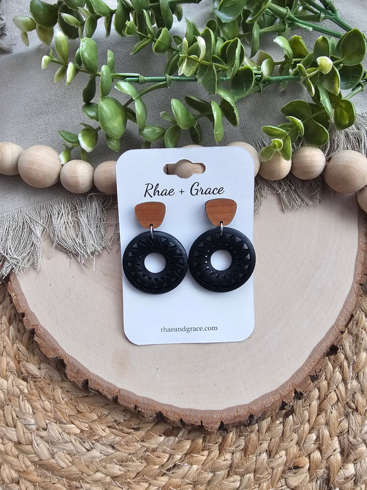 Black Painted Wood Star Hoop Earrings