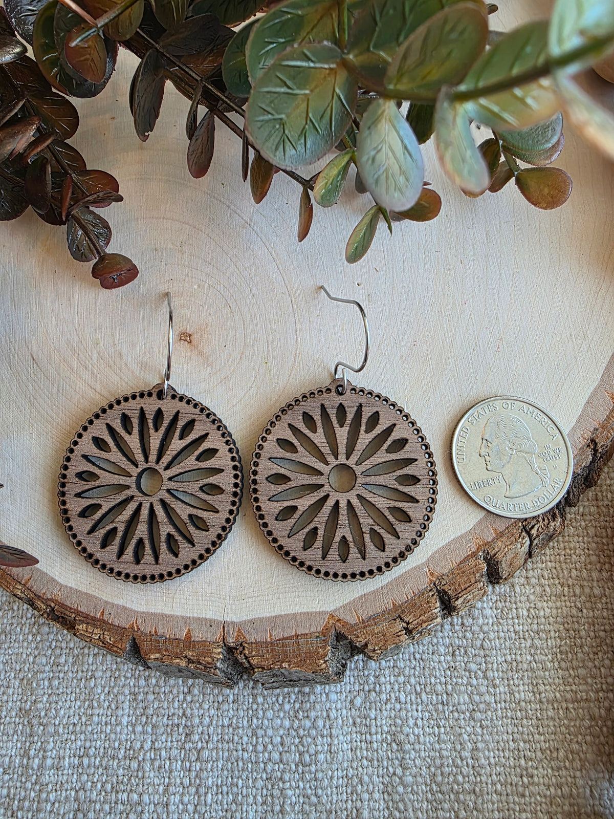 Intricate Radial Round Wood Earrings