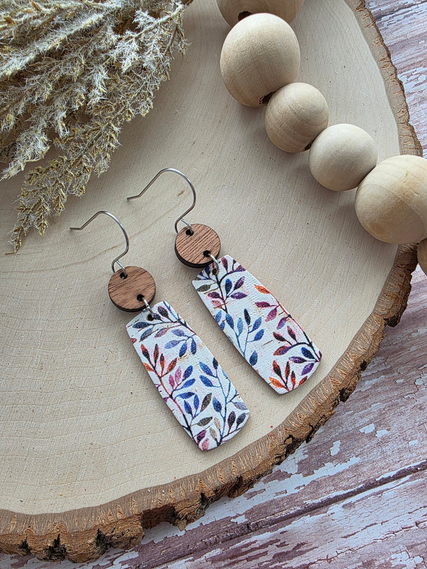 Autumn Willow Branch Floral Bar Leather Earrings