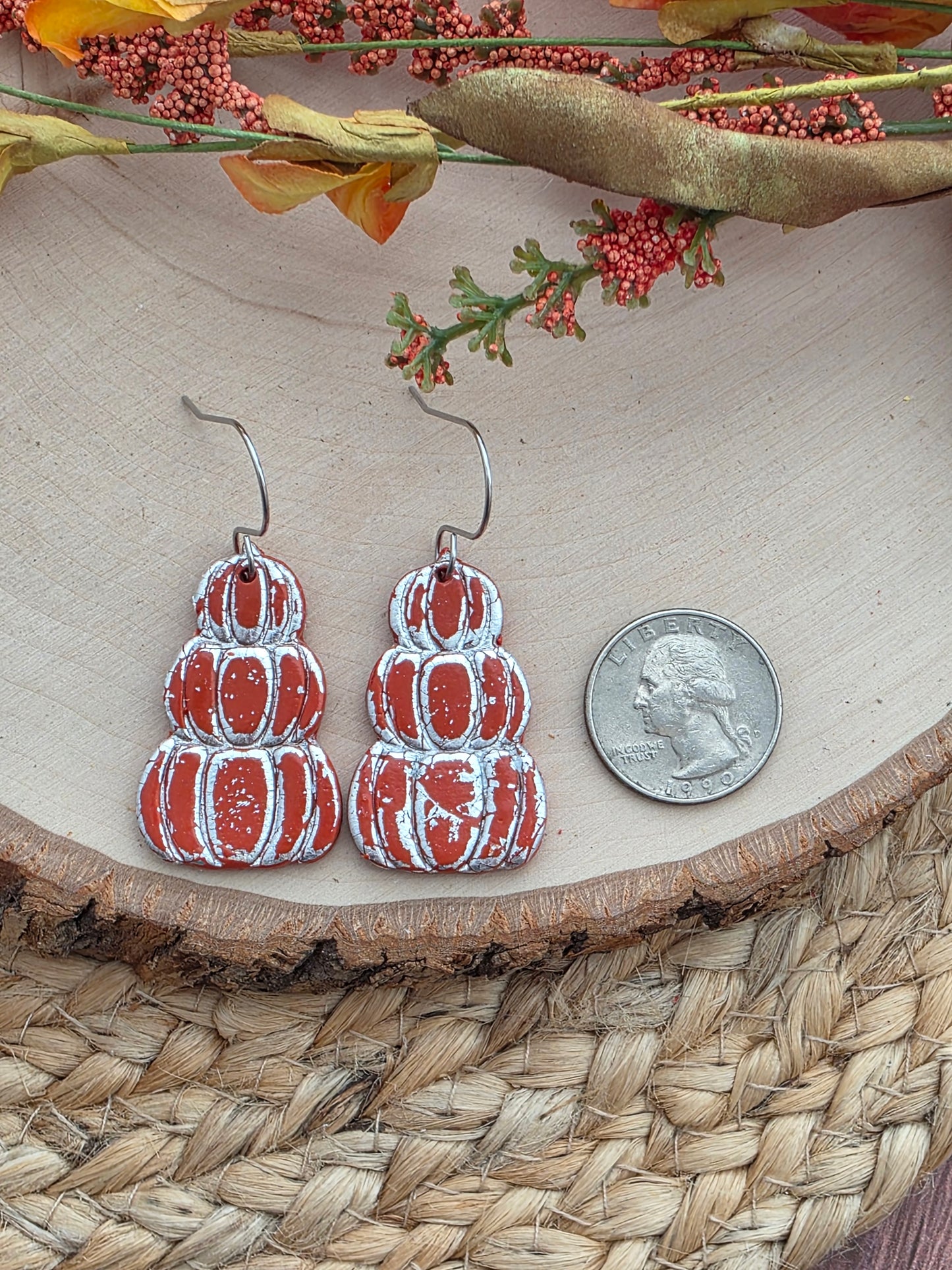 Orange & Silver Stacked Pumpkin Earrings - Polymer Clay