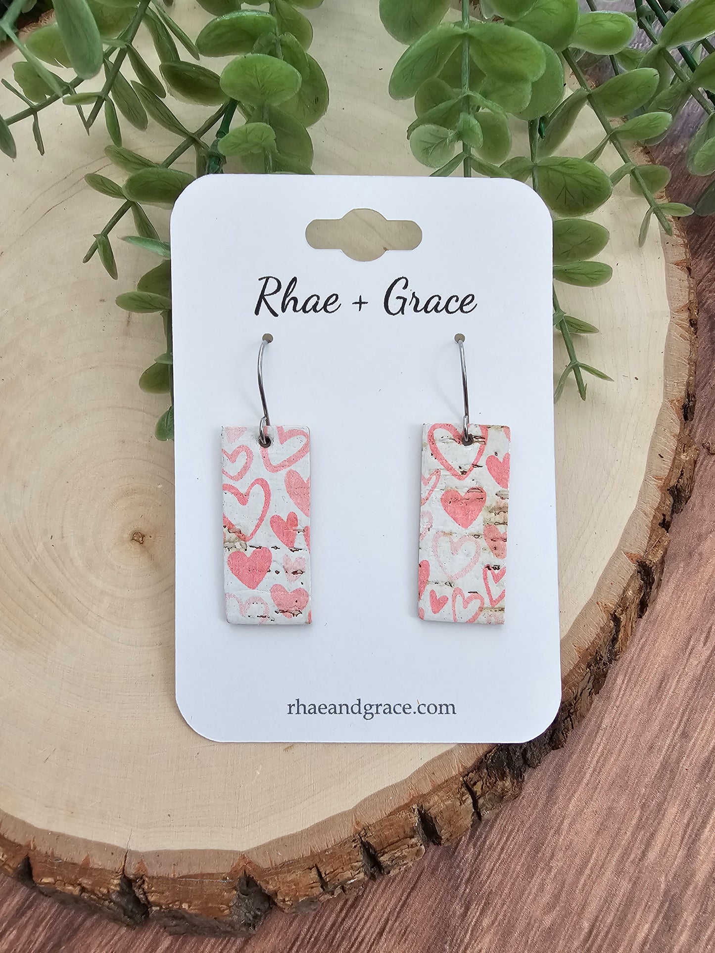 Pink & White Doodle Heart Squared Bar Earrings