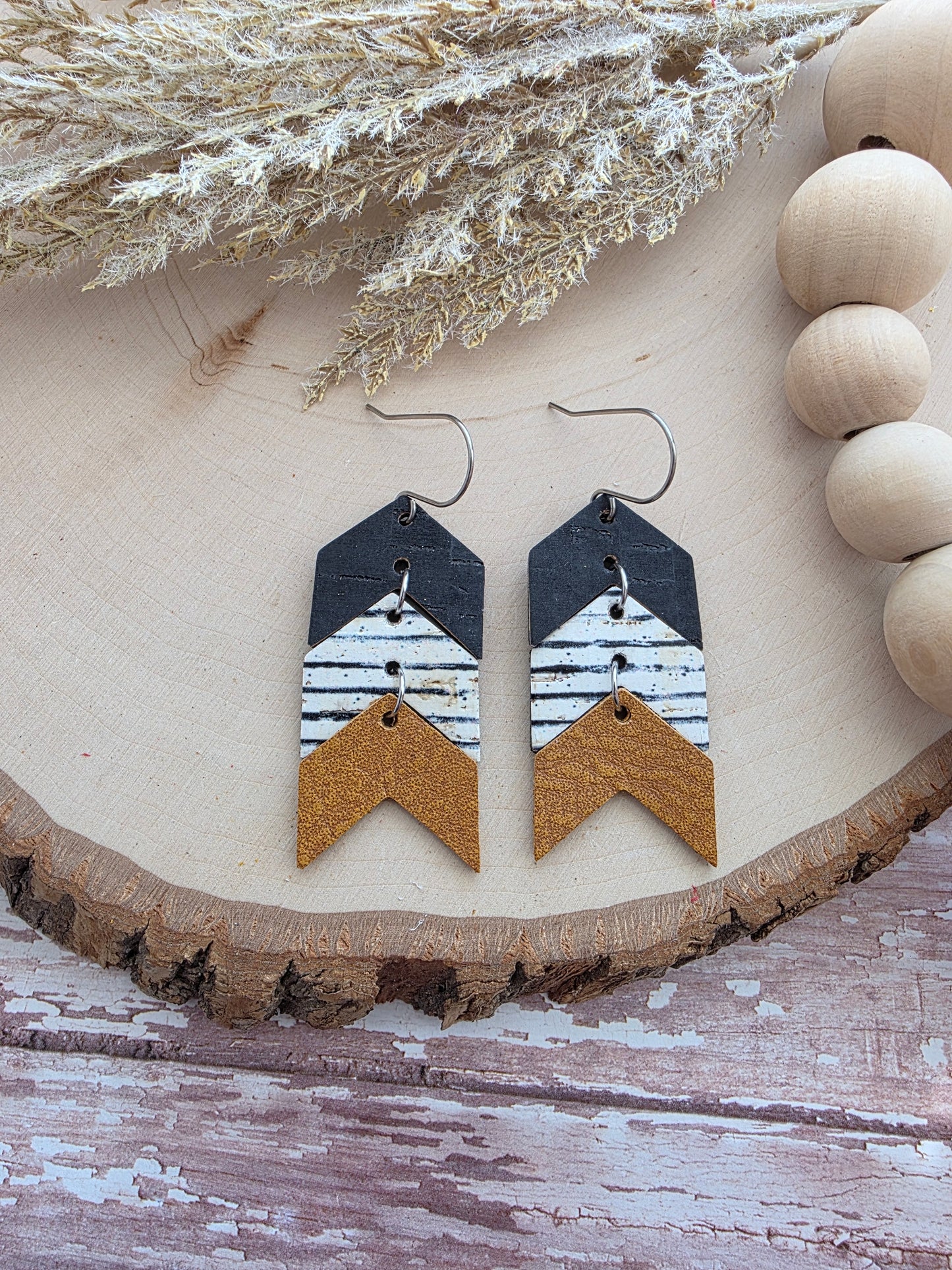 Black, White & Brown Striped Triple Chevron Arrow Earrings