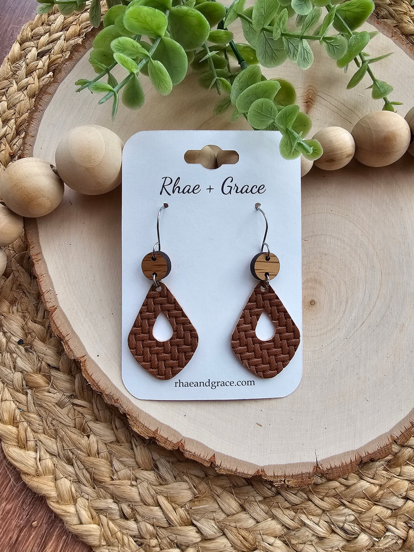 Russet Brown Basket Weave Open Drop Earrings