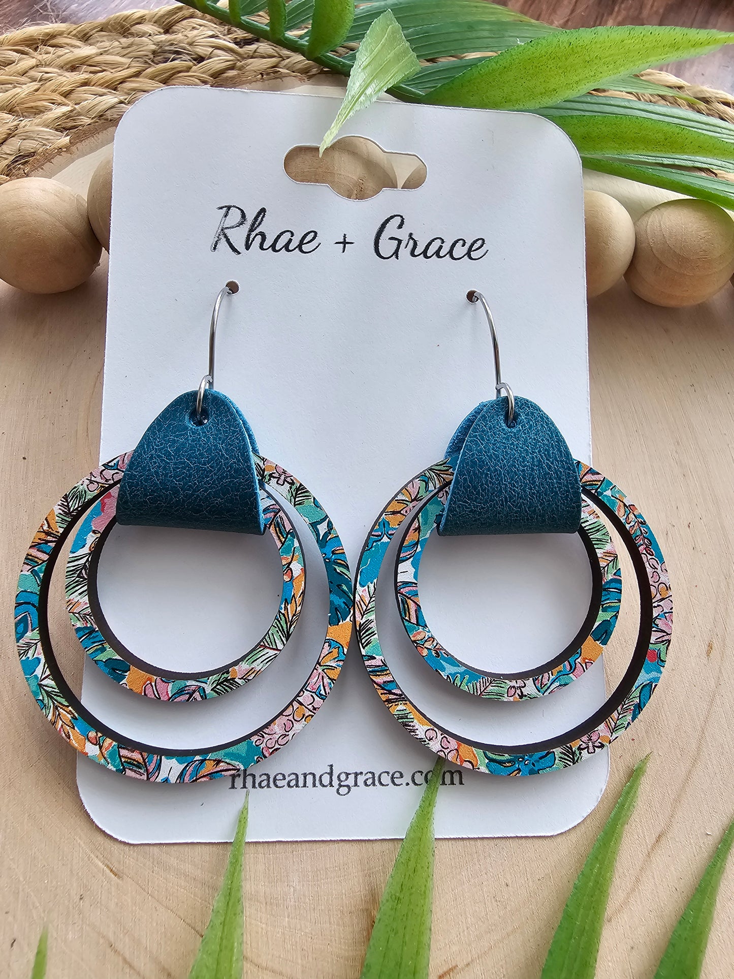 Tropical Leather & Wood Hoop Earrings