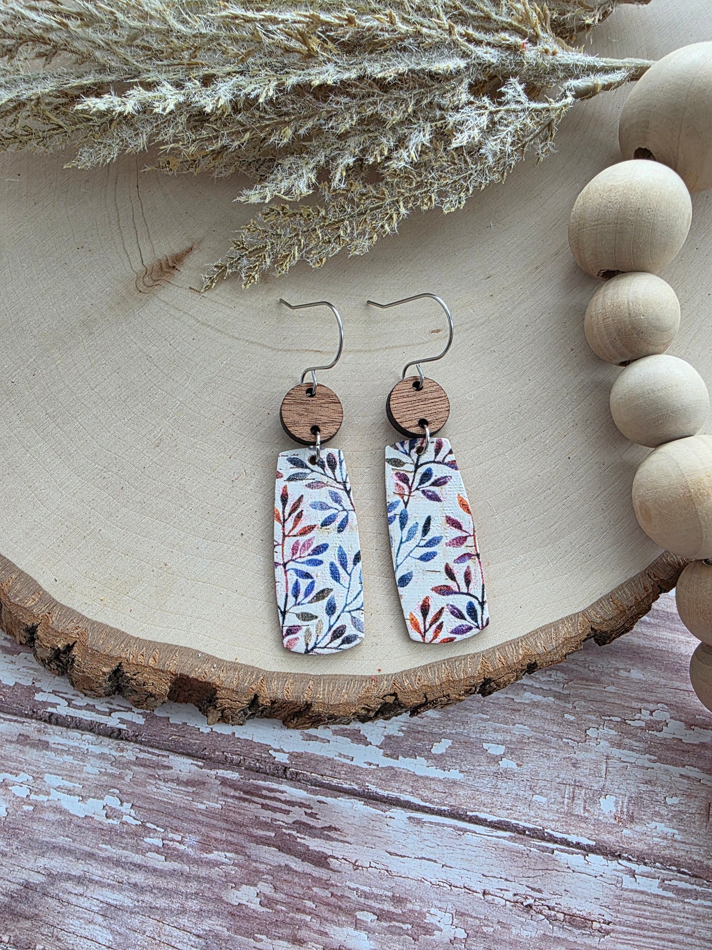 Autumn Willow Branch Floral Bar Leather Earrings
