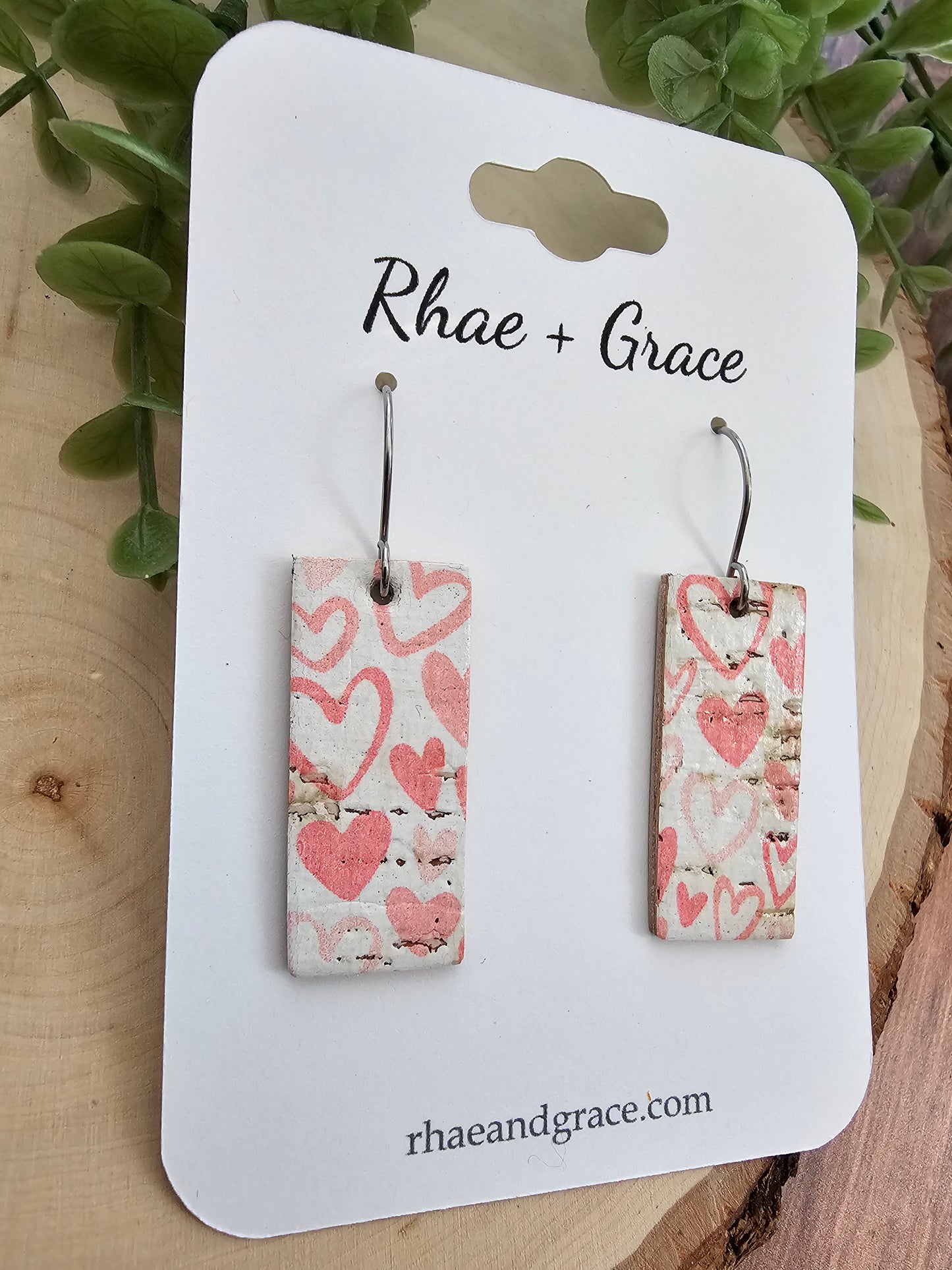 Pink & White Doodle Heart Squared Bar Earrings