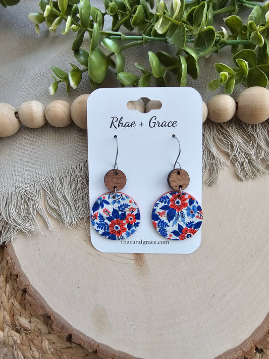 Red, White & Blue Floral Circle Drop Earrings