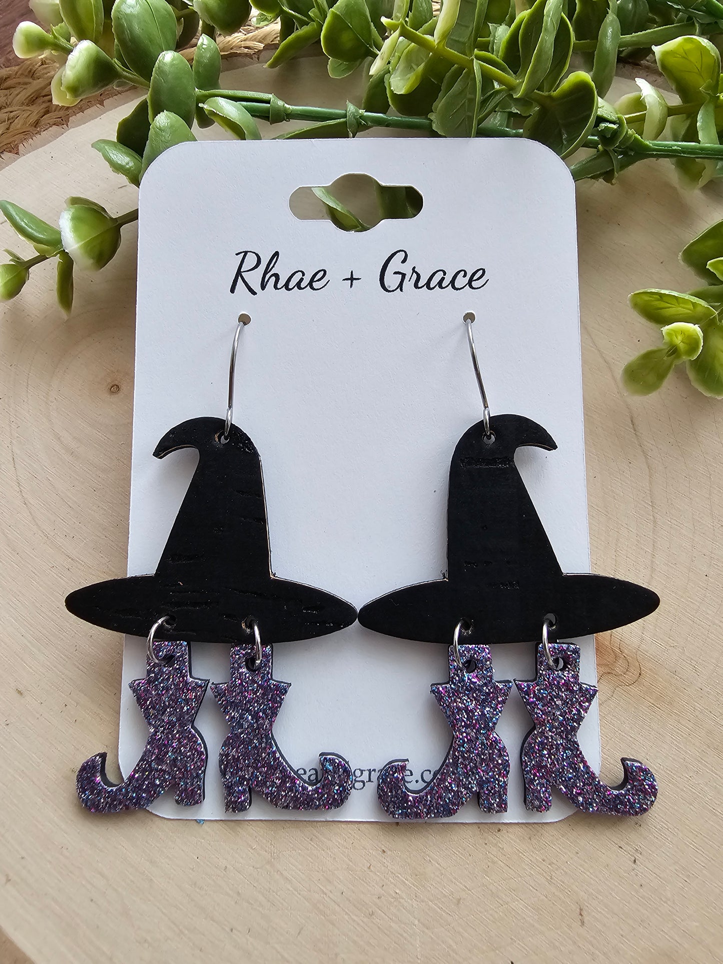 Witch Hat Purple Glitter Boots Earrings