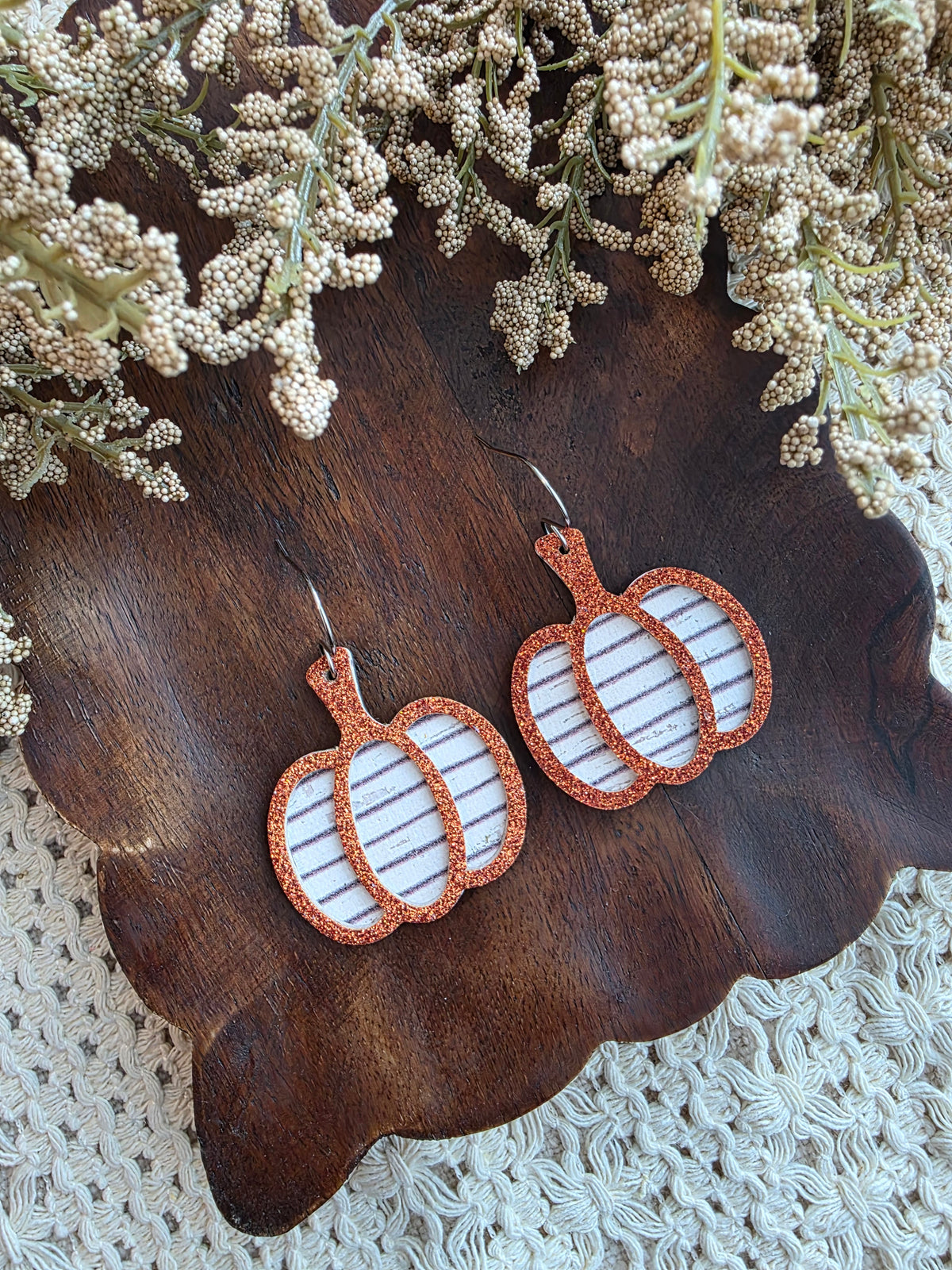 Orange Glitter Striped Pumpkin Earrings