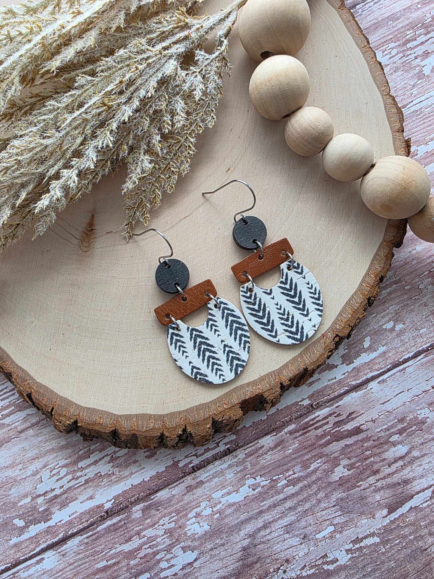 Boho Black, White & Brown Herringbone Earrings