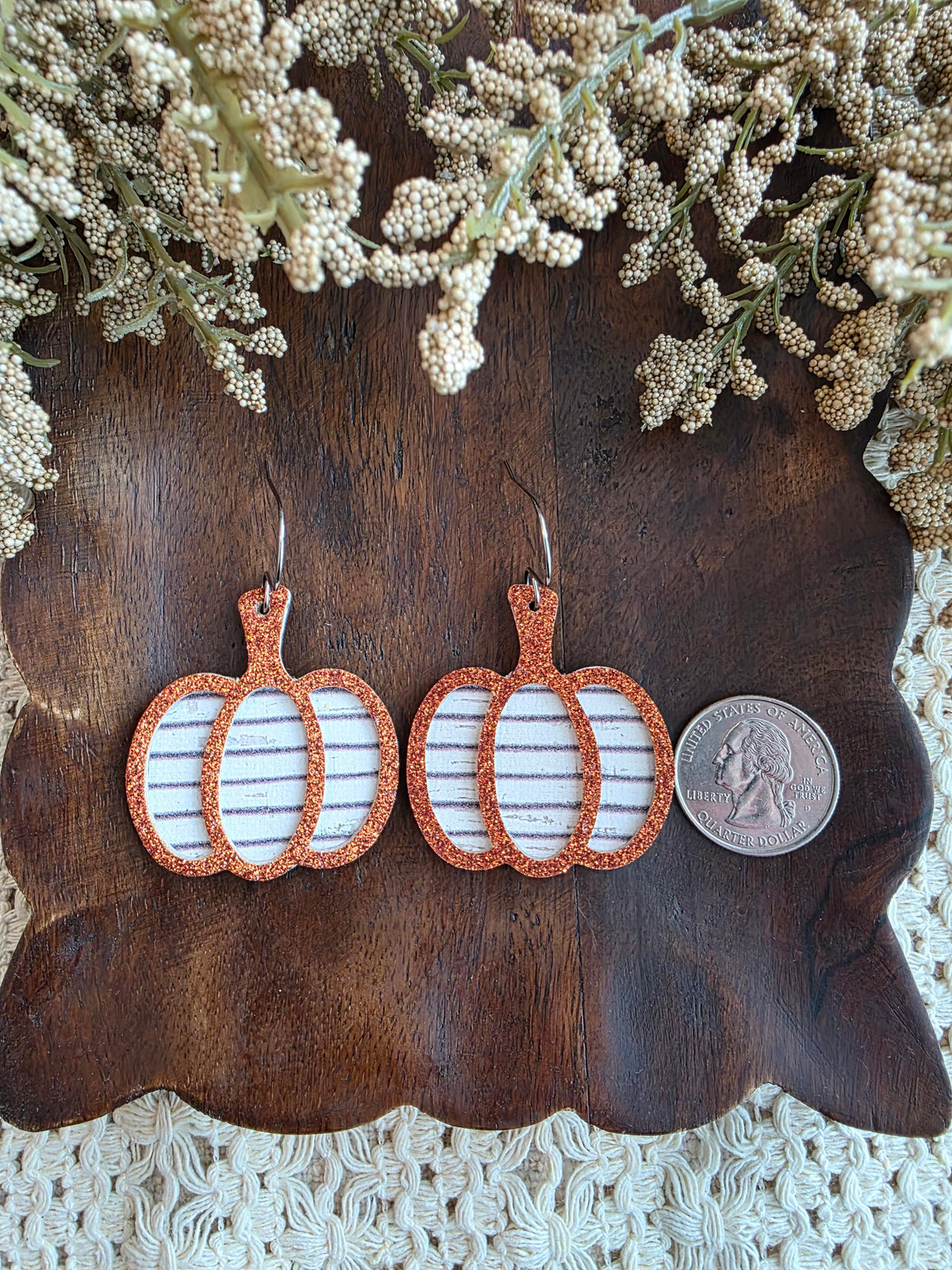 Orange Glitter Striped Pumpkin Earrings