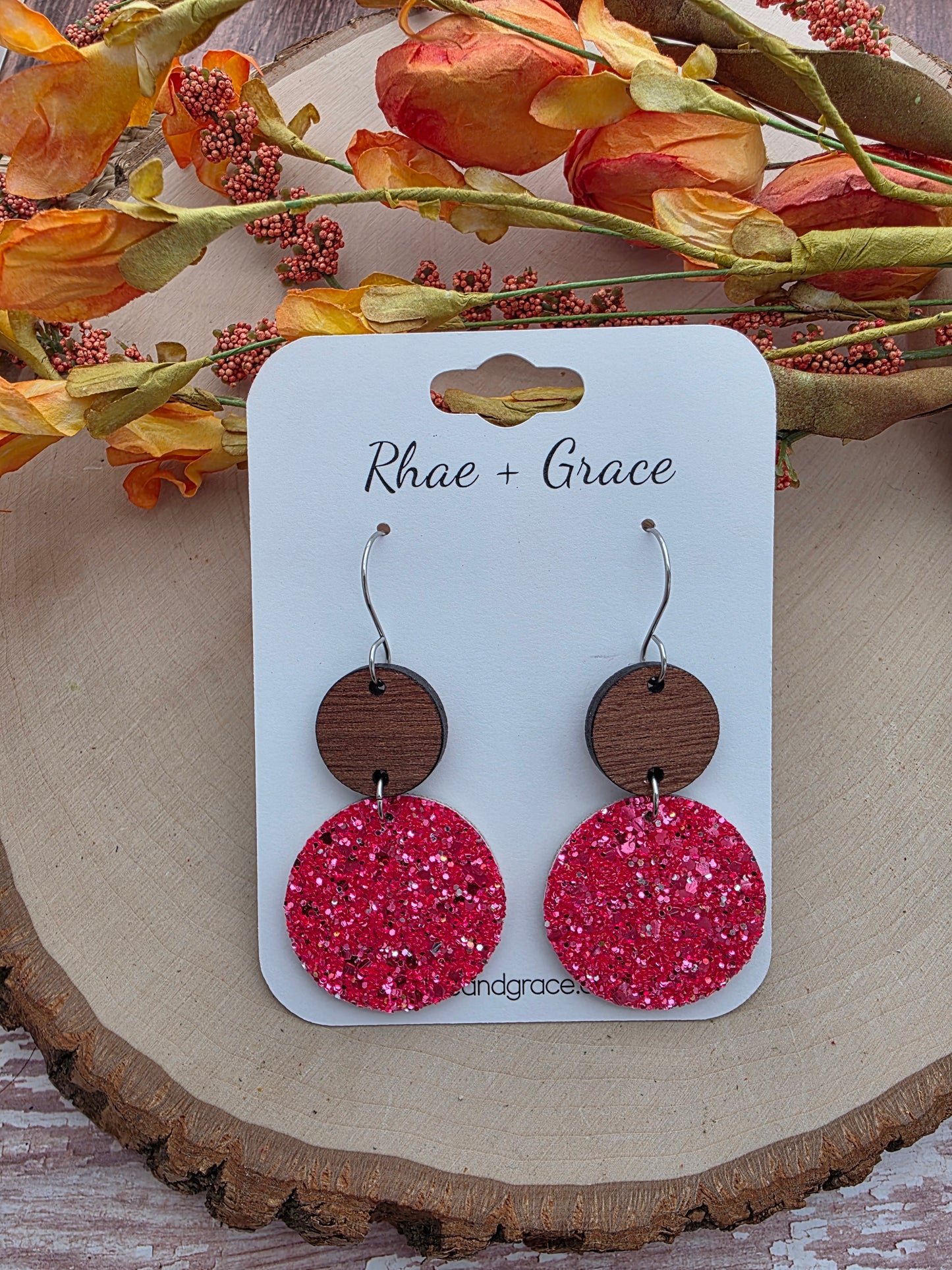 Coral Glitter Circle Drop Earrings
