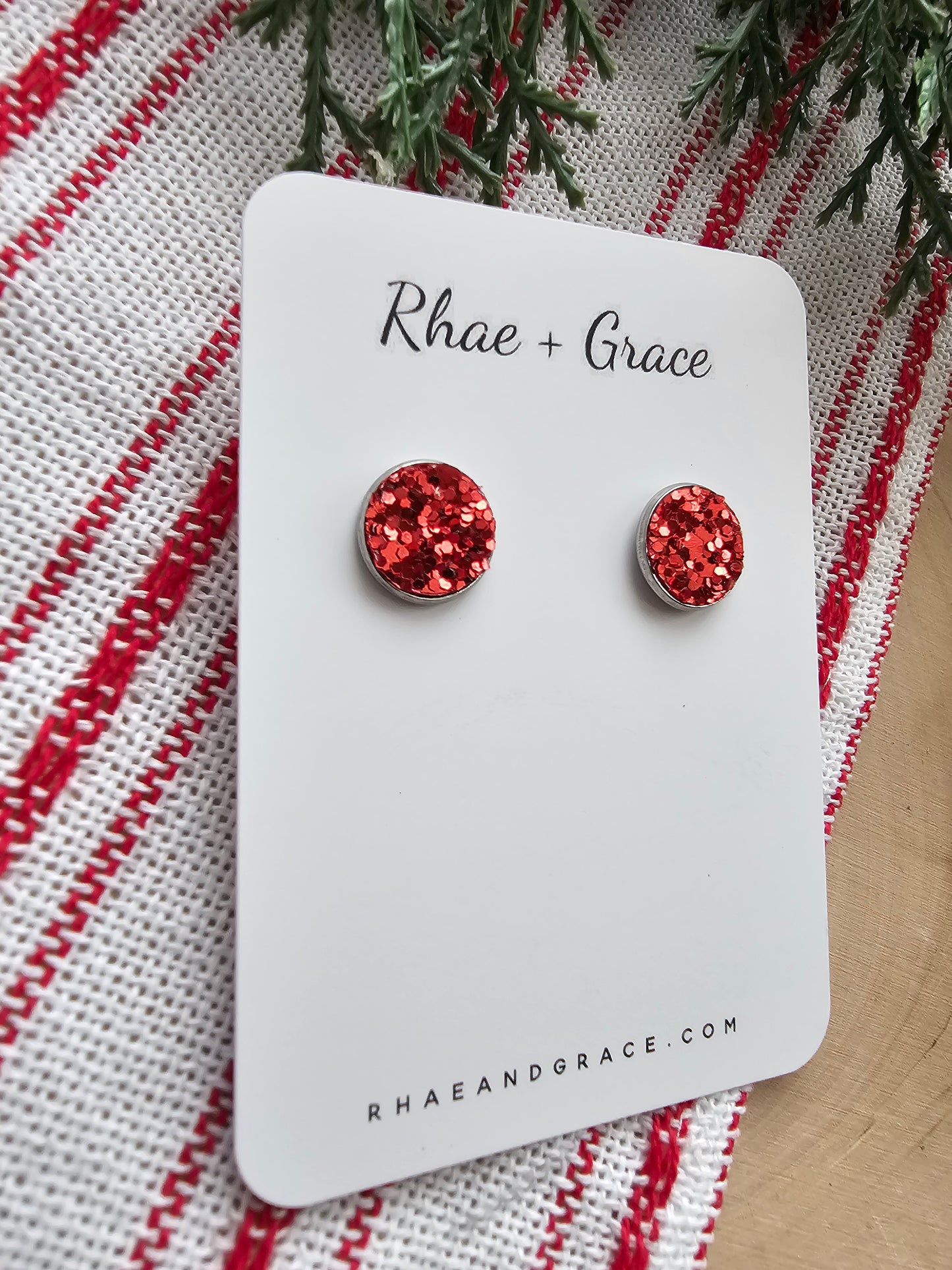 Red Glitter Stud Earrings - 12mm