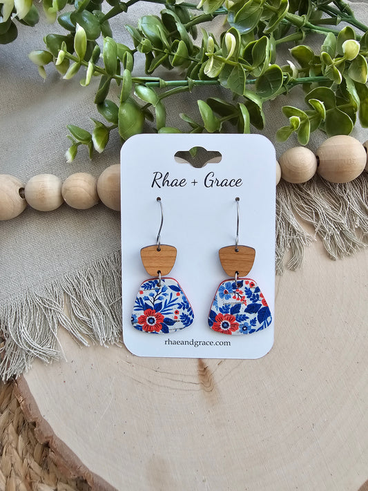 Red, White & Blue Floral Rounded Trapezoid Earrings