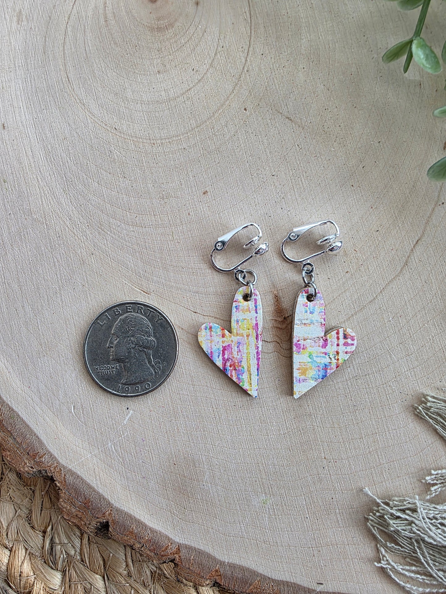 Watercolor Heart Clip On Earrings