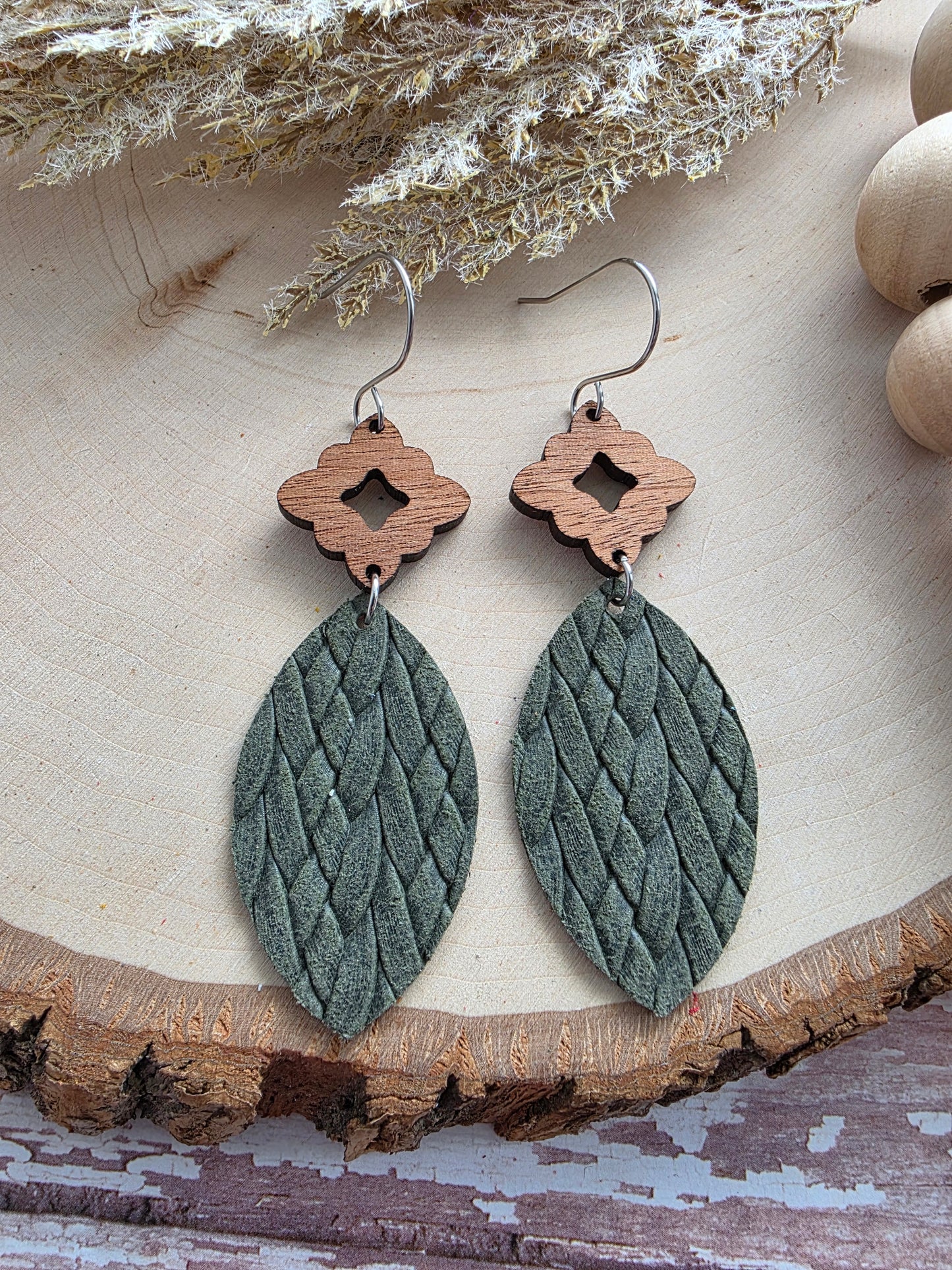 Dark Olive Green Leather Leaf Earrings