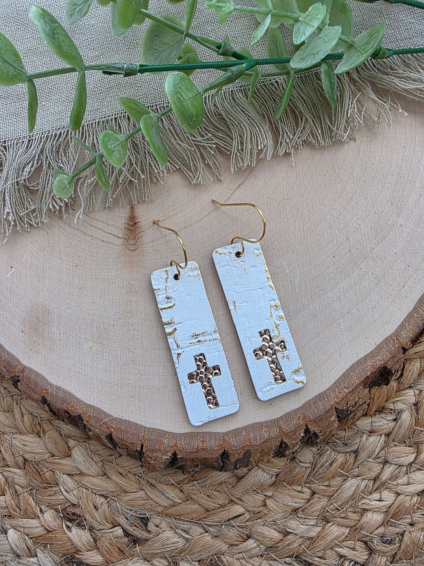 White & Gold Cross Bar Earrings