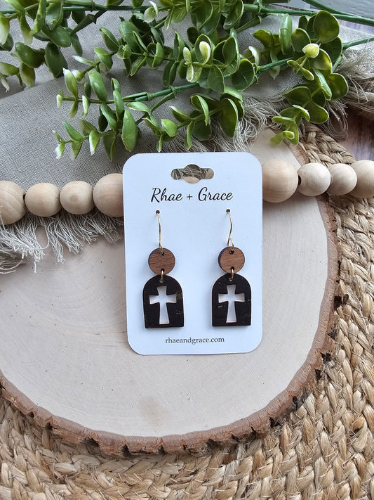 Brown & Gold Cross Cutout Arch Earrings