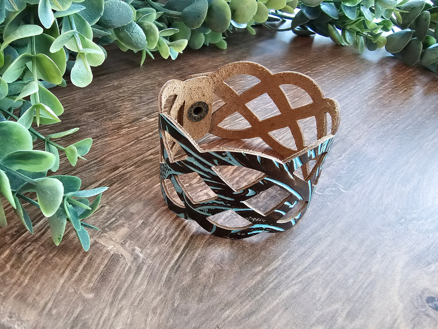 Turquoise & Brown Tooled Lattice Leather Bracelet