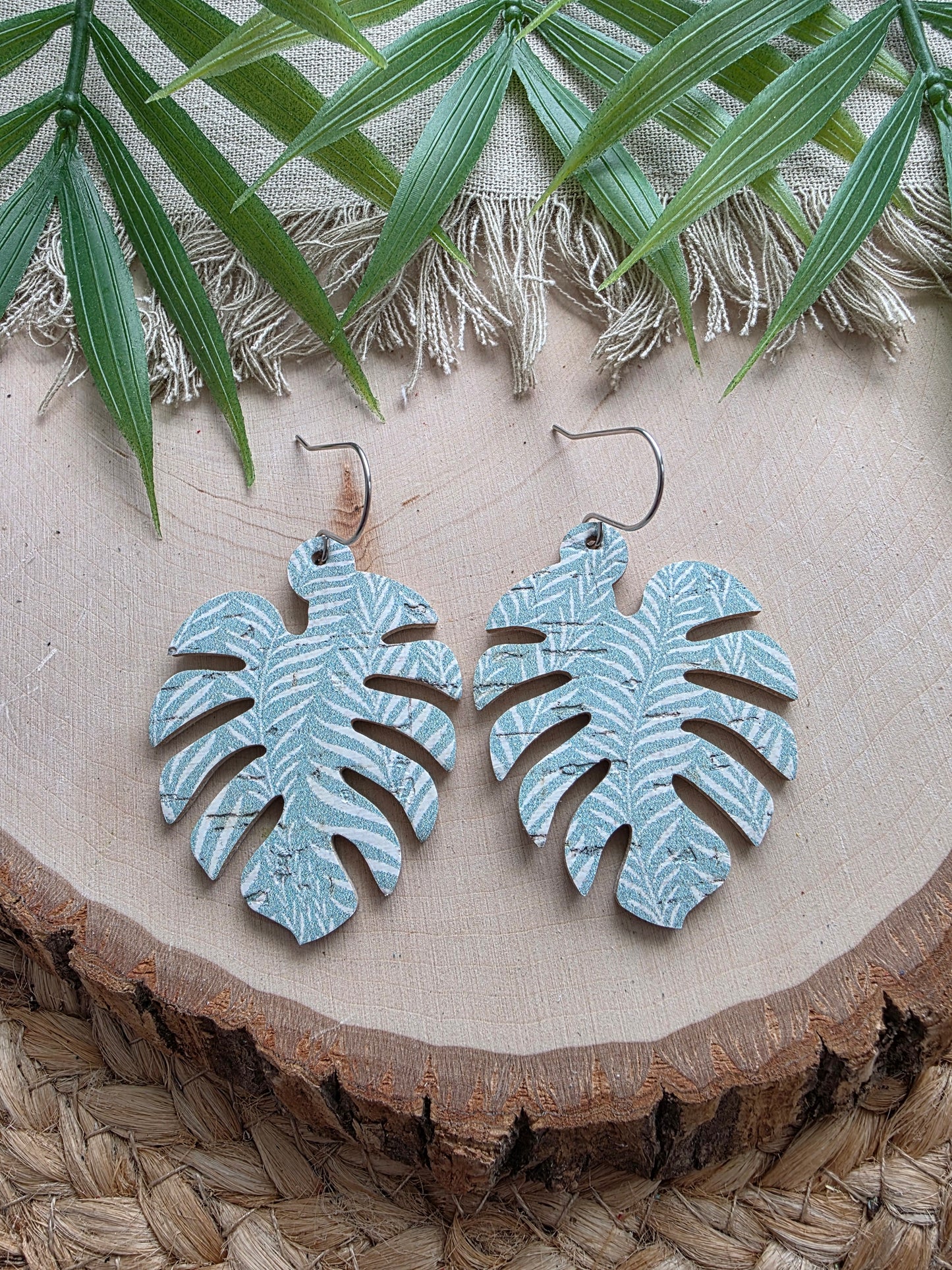 Seafoam Green Foliage Monstera Palm Leaf Earrings