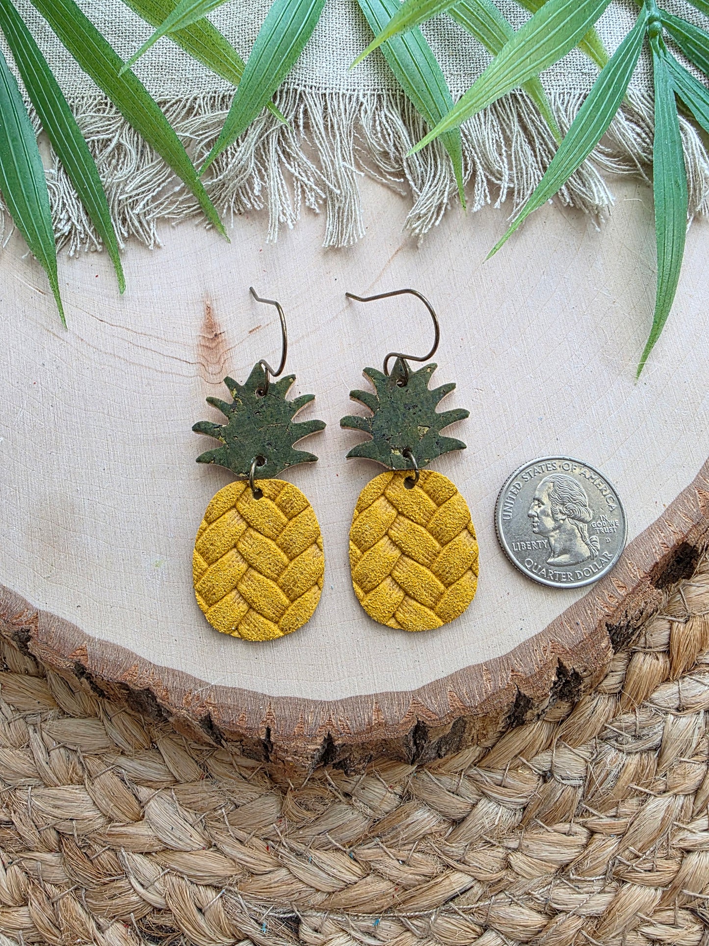 Yellow Embossed Leather Pineapple Earrings