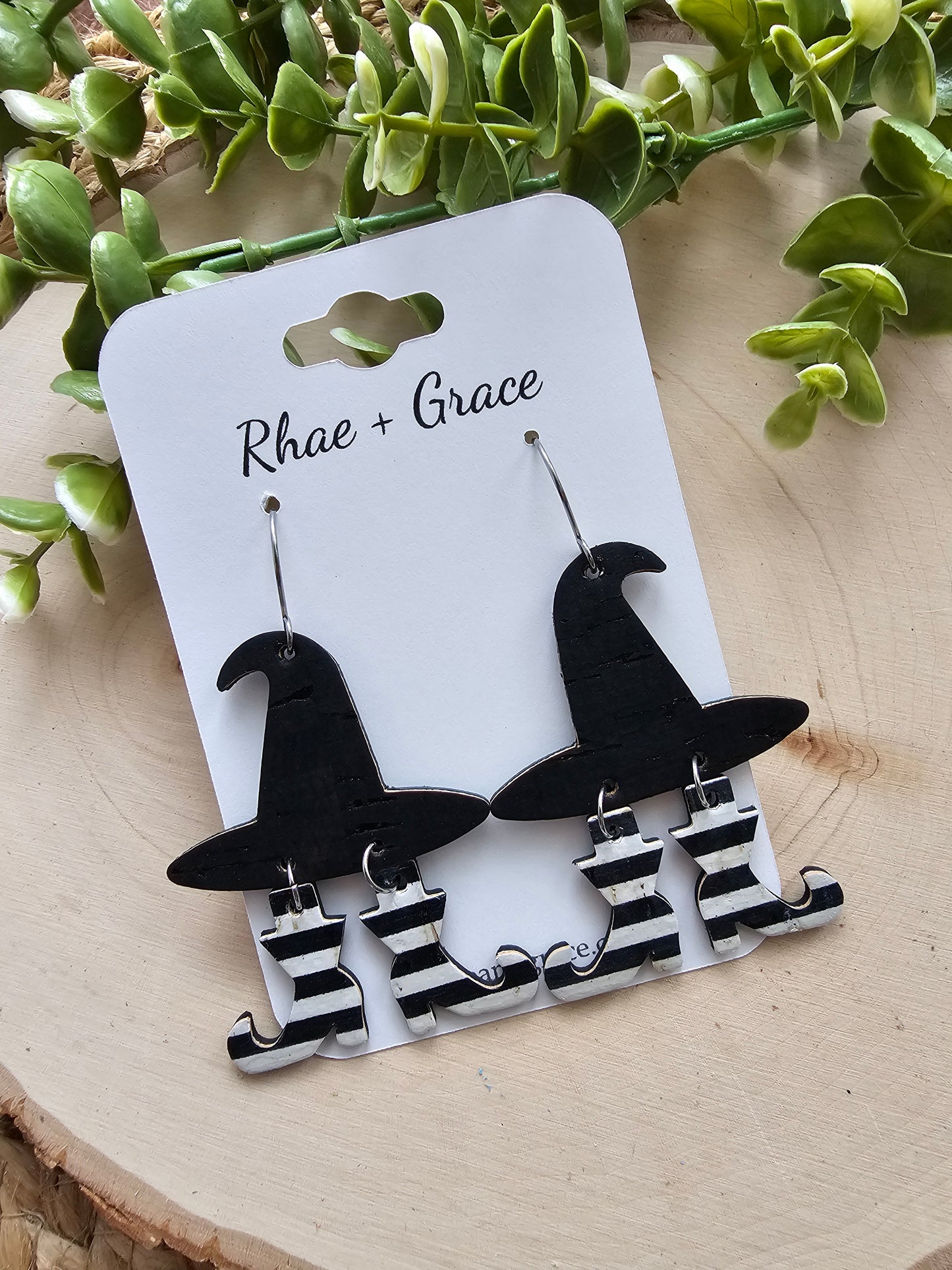 Witch Hat Black & White Striped Boots Earrings