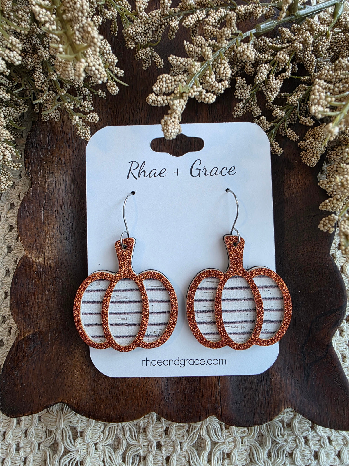 Orange Glitter Striped Pumpkin Earrings