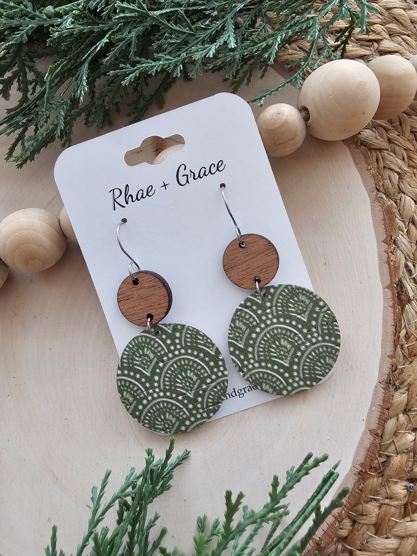 Kale Green Boho Arches Large Circle Drop Earrings