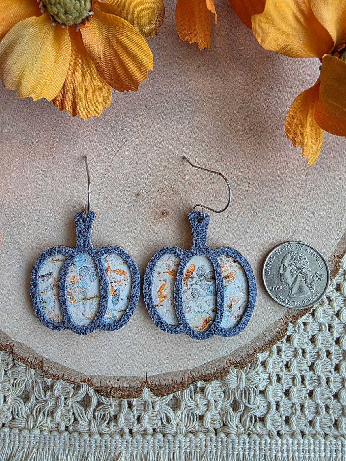 Whimsy Gray Blue Floral Pumpkin Earrings
