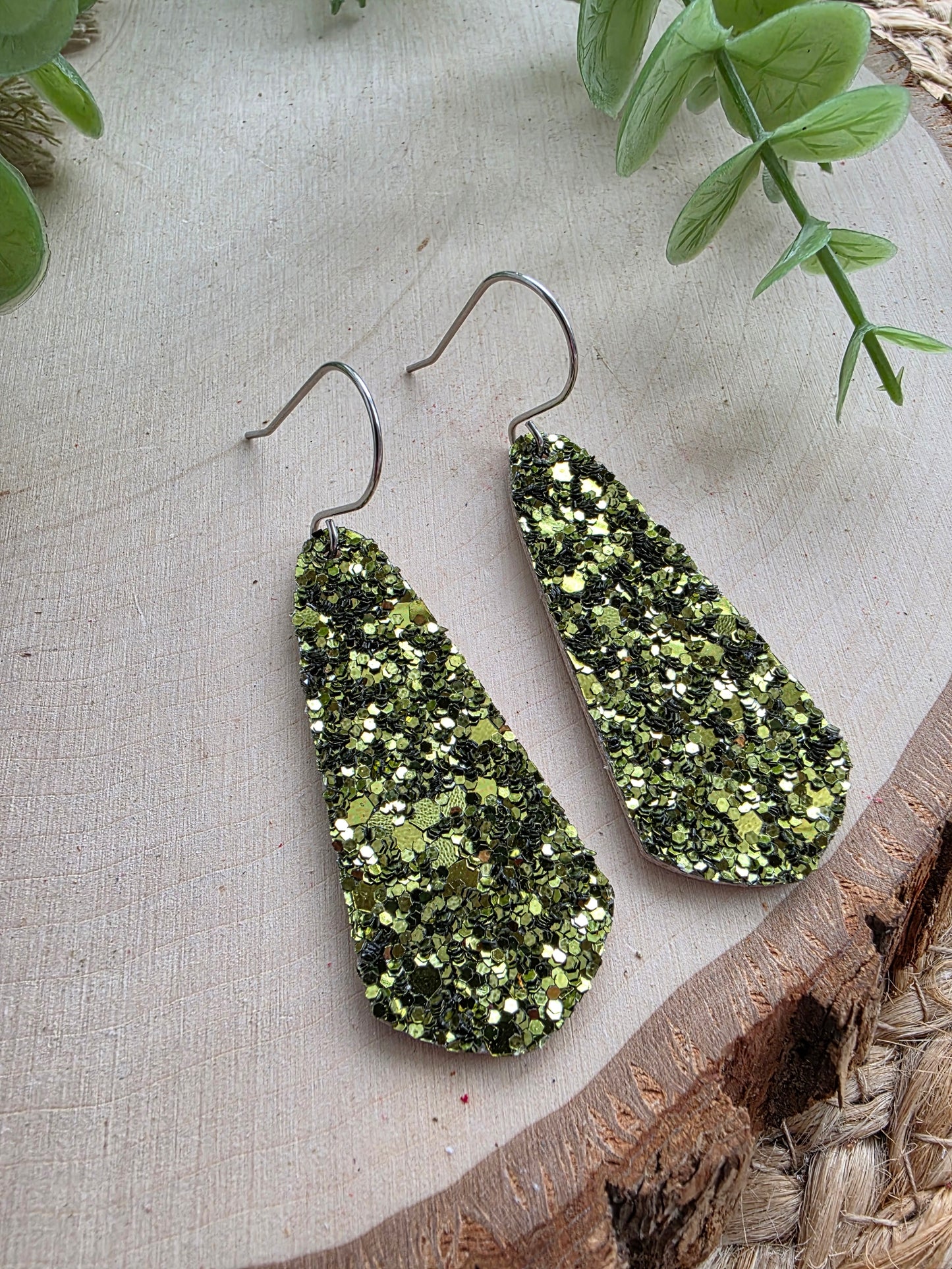 Avocado Green Glitter Skinny Drop Earrings