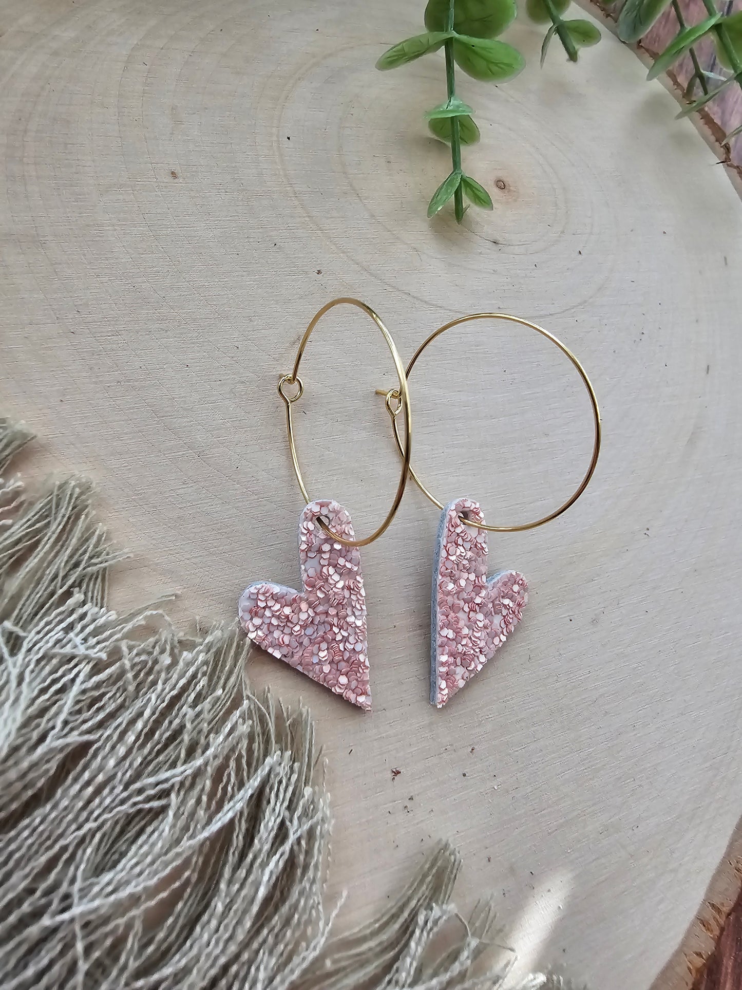 Soft Pink Glitter Tiny Heart Hoop Earrings