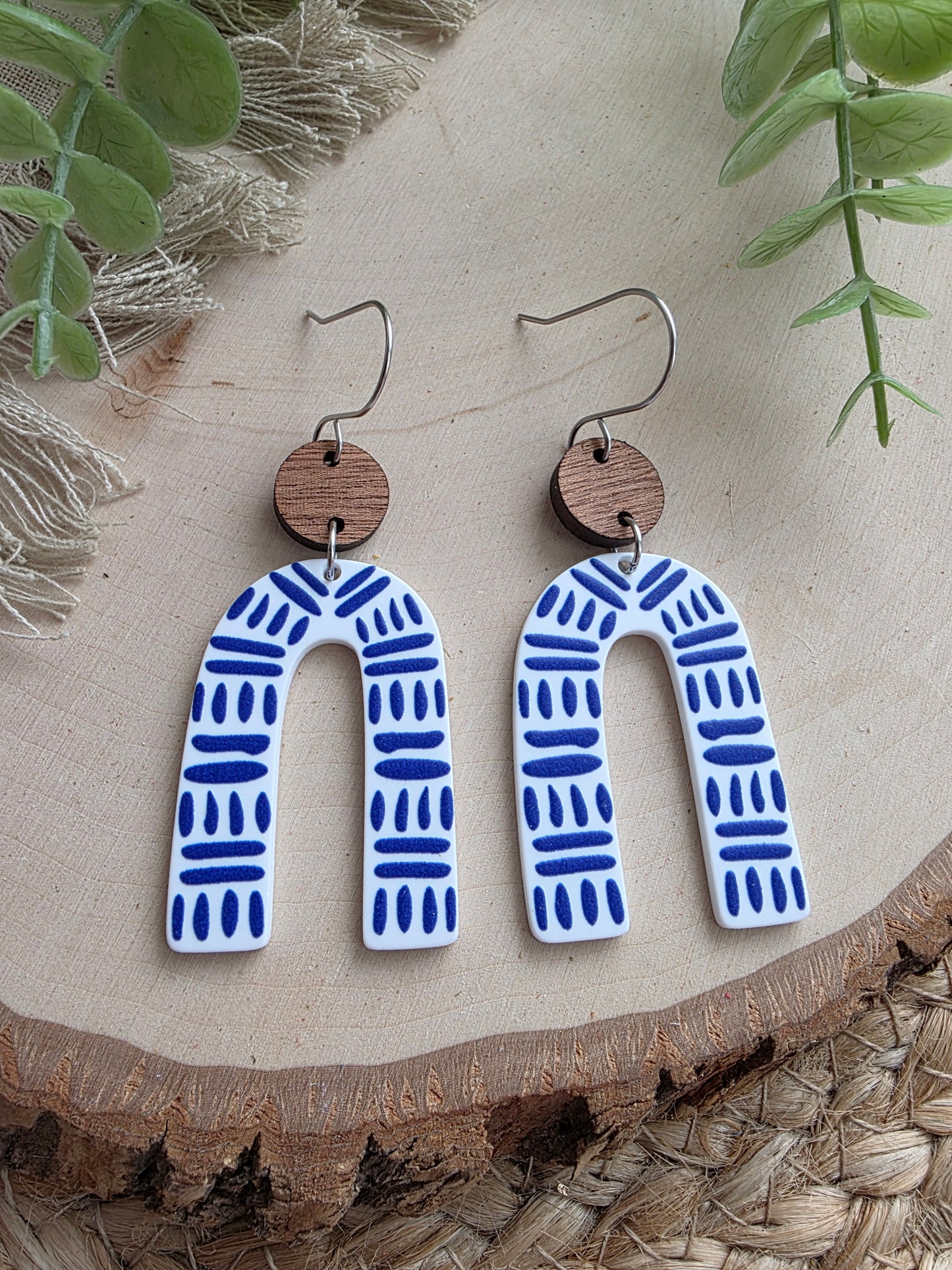 Blue & White Dash Acrylic Arch Earrings