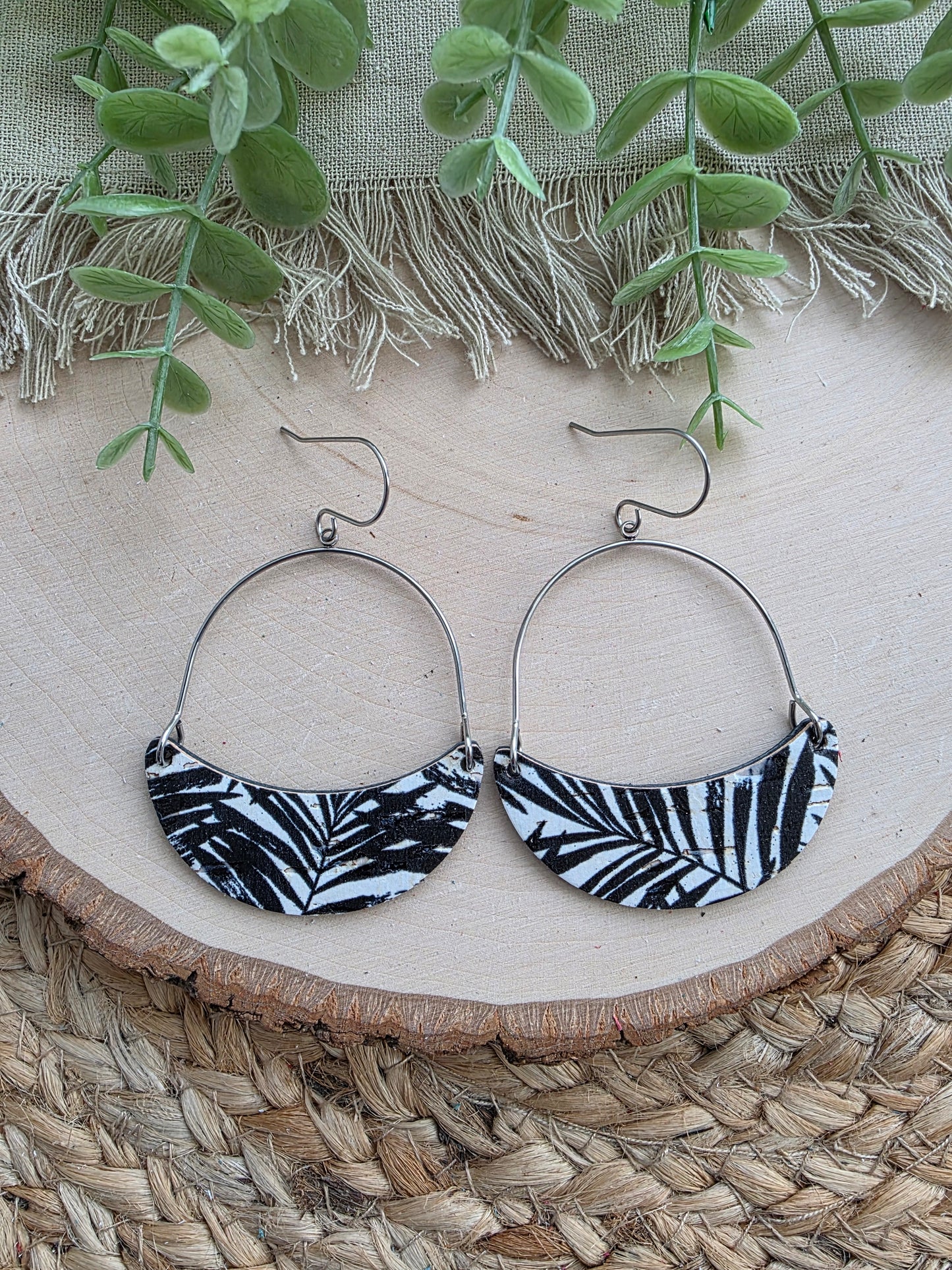 Monochrome Palms Crescent Hoop Leather Earrings