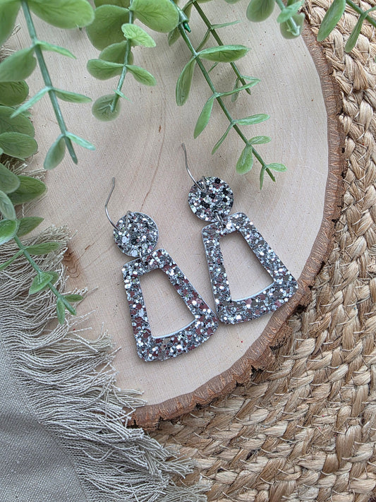 Silver Glitter Open Trapezoid Earrings