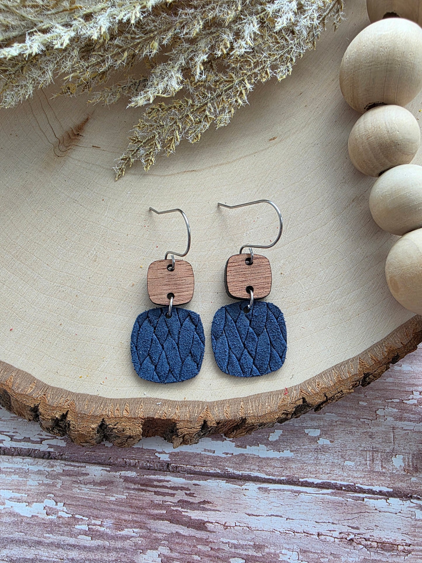 Navy Blue Braid Embossed Rounded Square Earrings