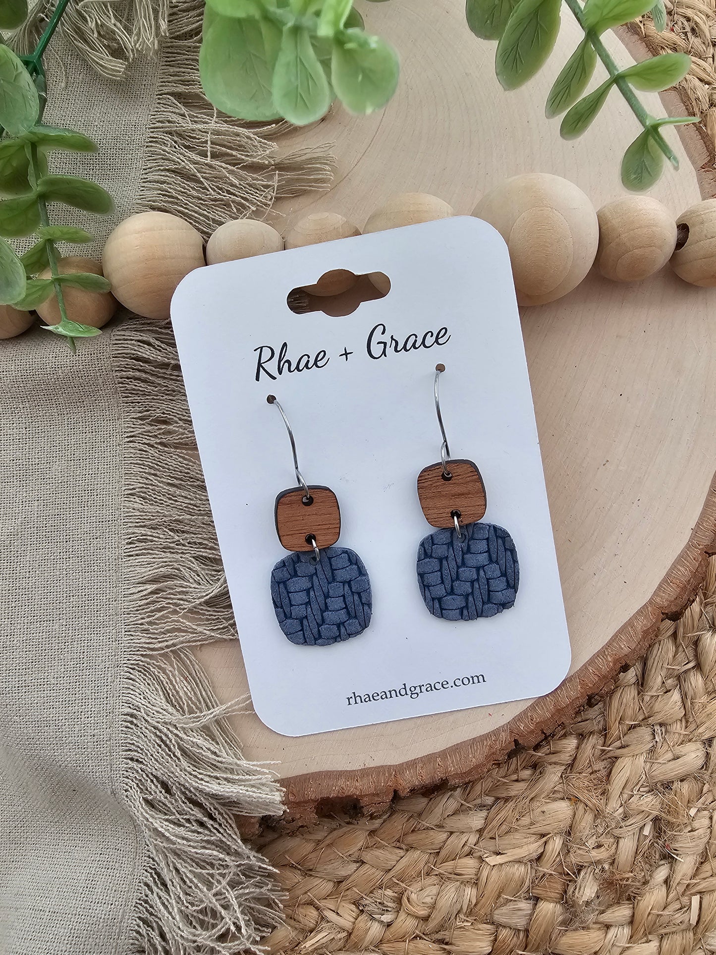 Denim Blue Knit Embossed Braid Rounded Square Earrings