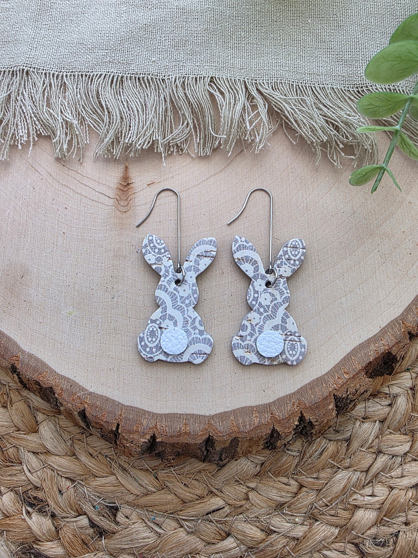 Gray & White Lace Bunny Earrings