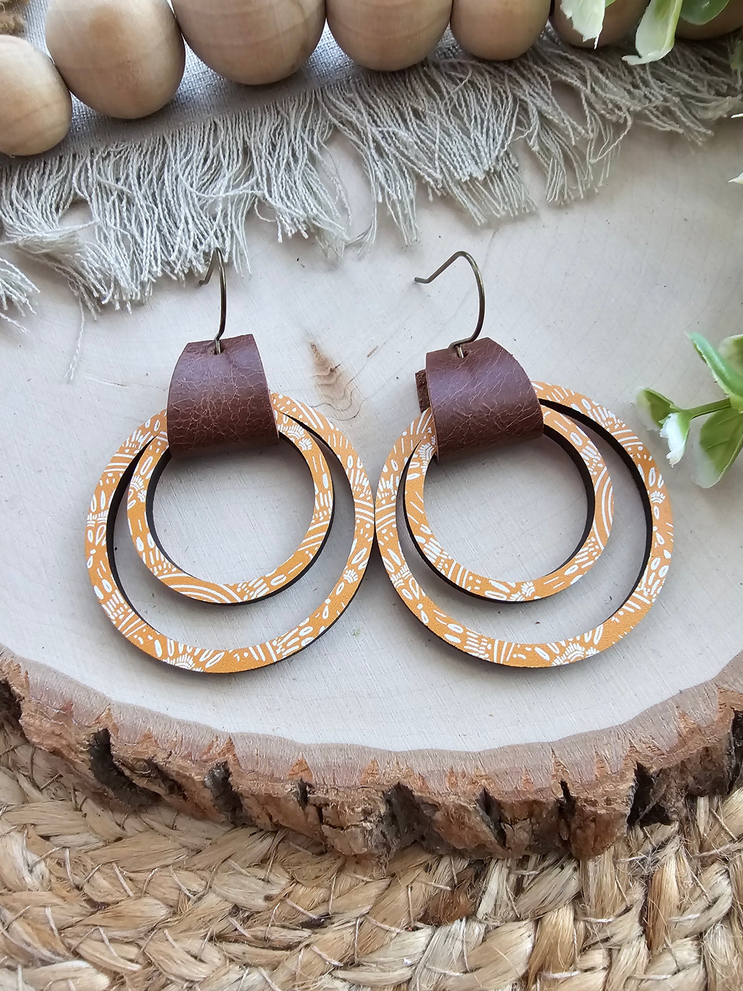 Mustard Boho Brown Leather & Double Wood Hoop Earrings