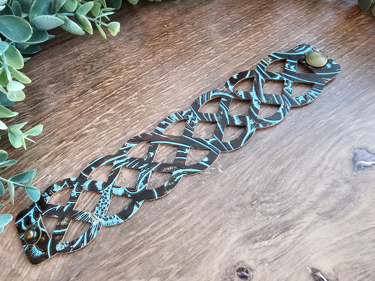 Turquoise & Brown Tooled Lattice Leather Bracelet