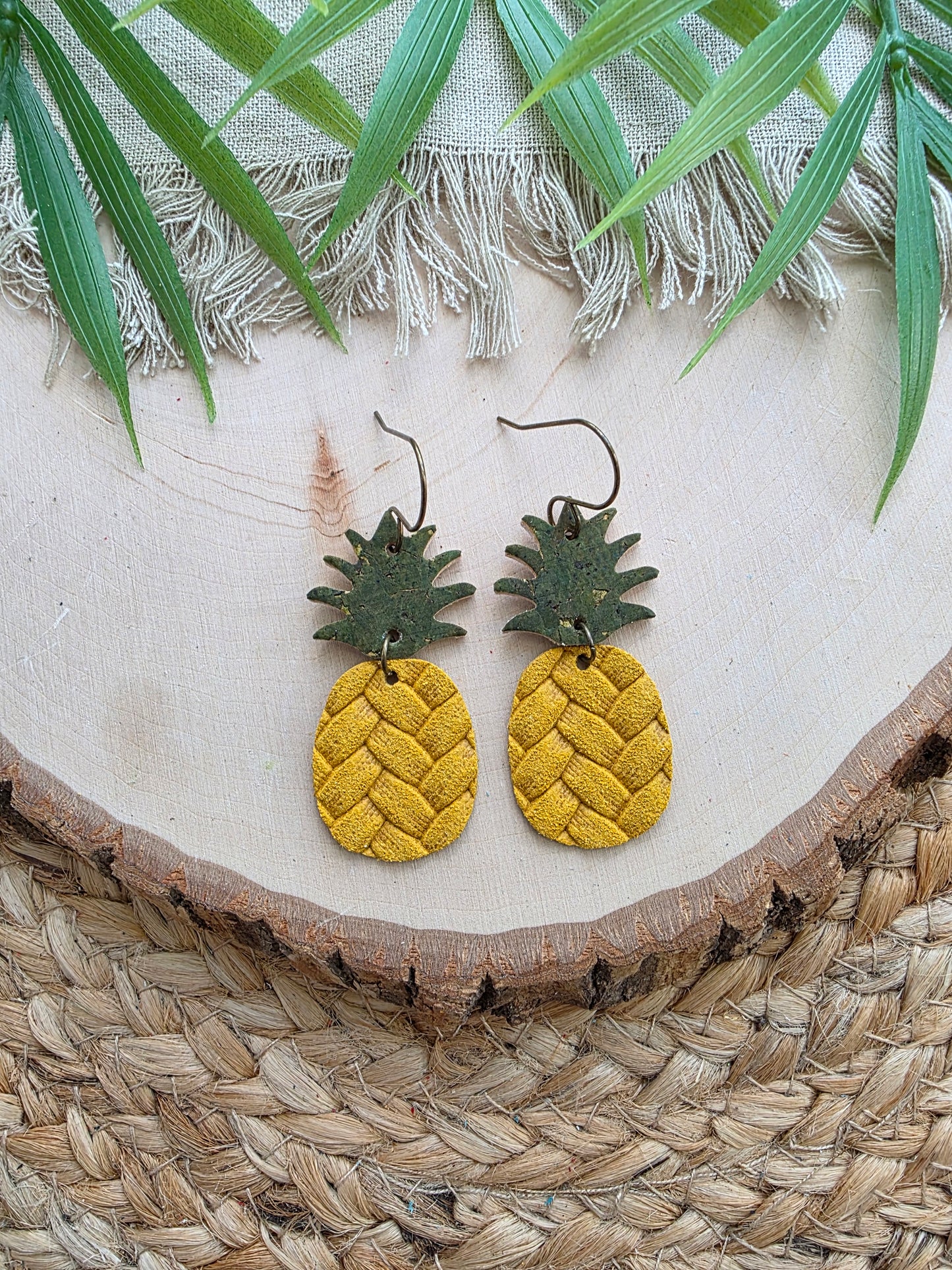 Yellow Embossed Leather Pineapple Earrings