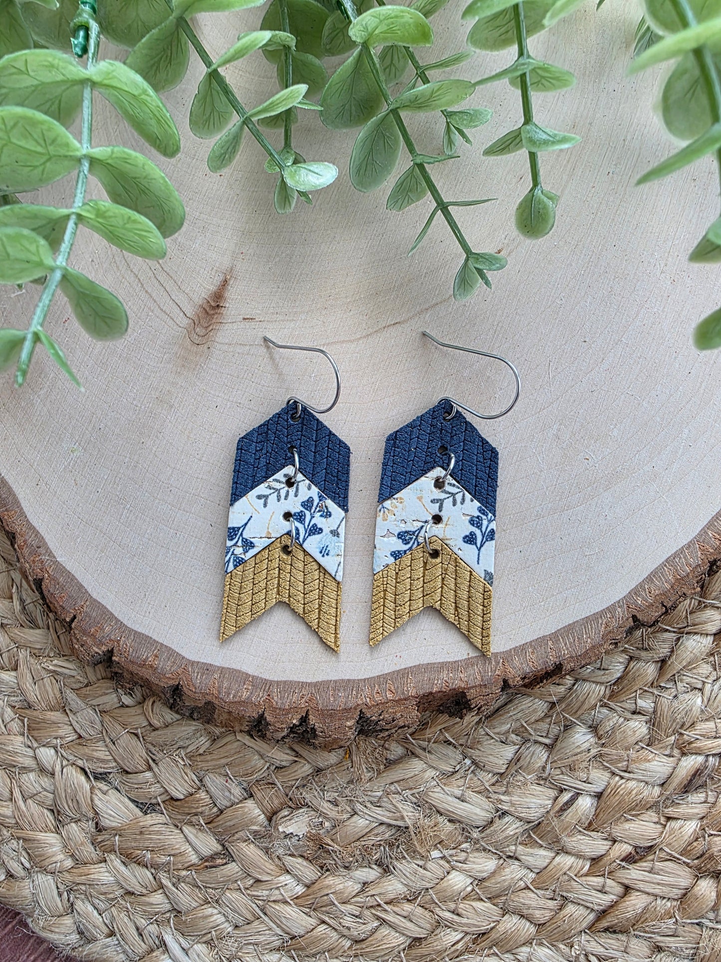 Blue & Mustard Floral Triple Chevron Arrow Earrings