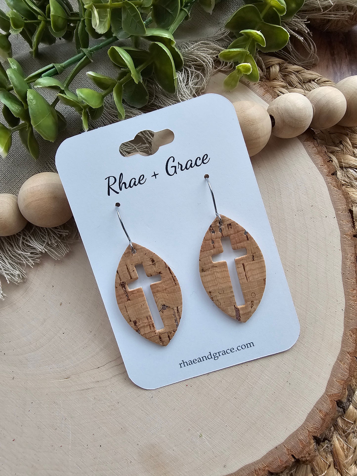 Natural Cork & Silver Cross Cutout Leaf Earrings