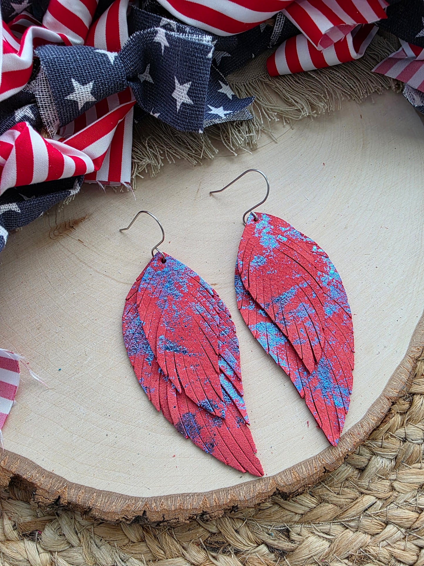Red & Metallic Blue Fringe Feather Earrings