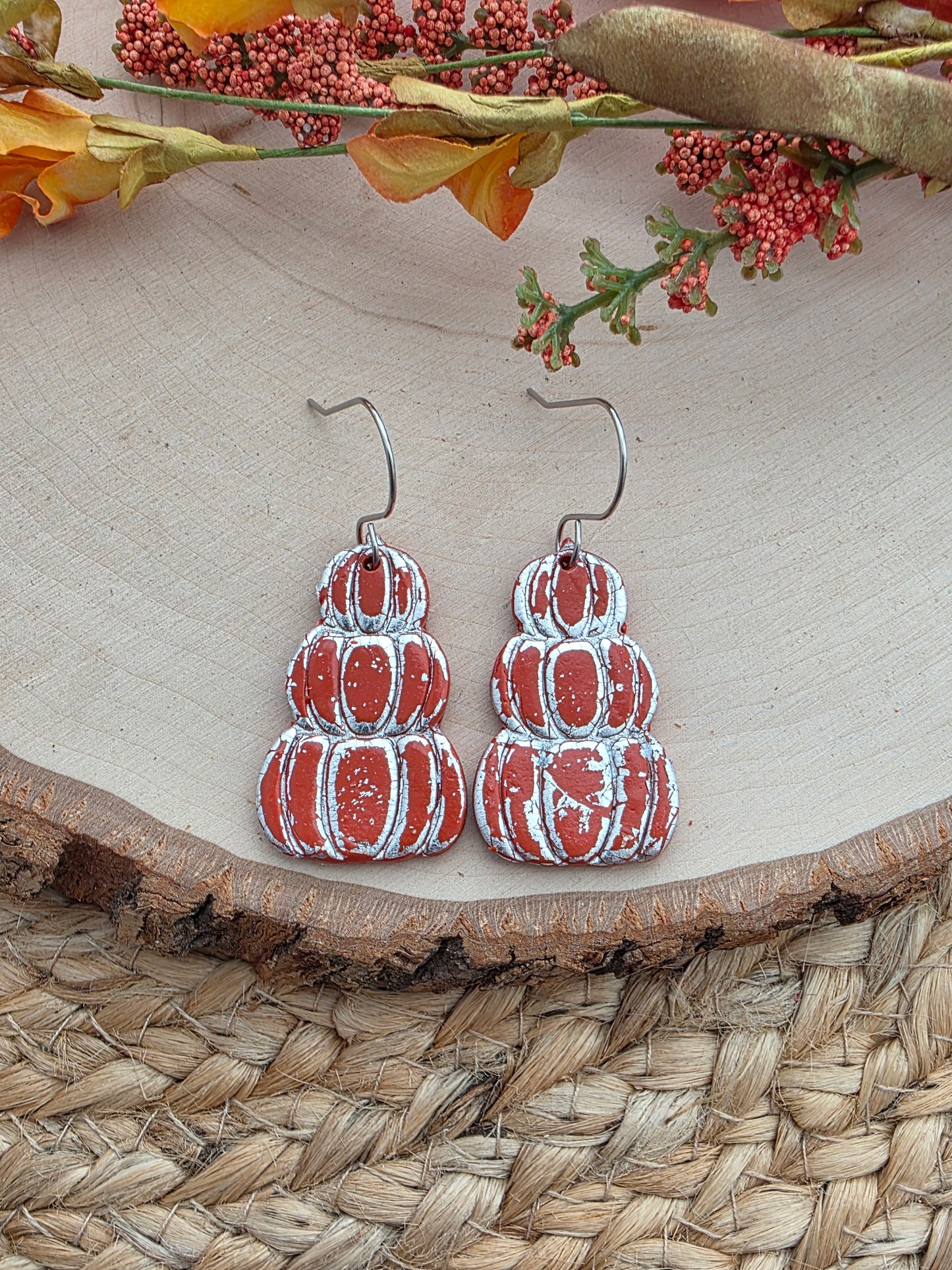 Orange & Silver Stacked Pumpkin Earrings - Polymer Clay