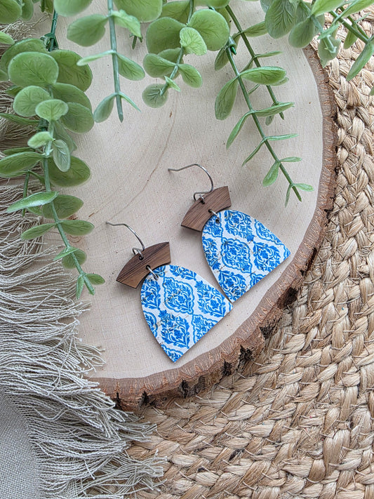 Blue & White Boho Tiles Closed Arch Earrings