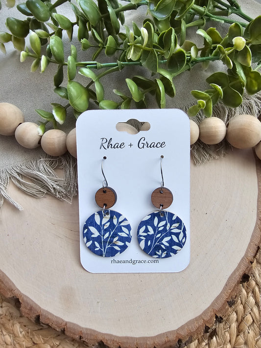 Blue & White Floral Circle Drop Earrings