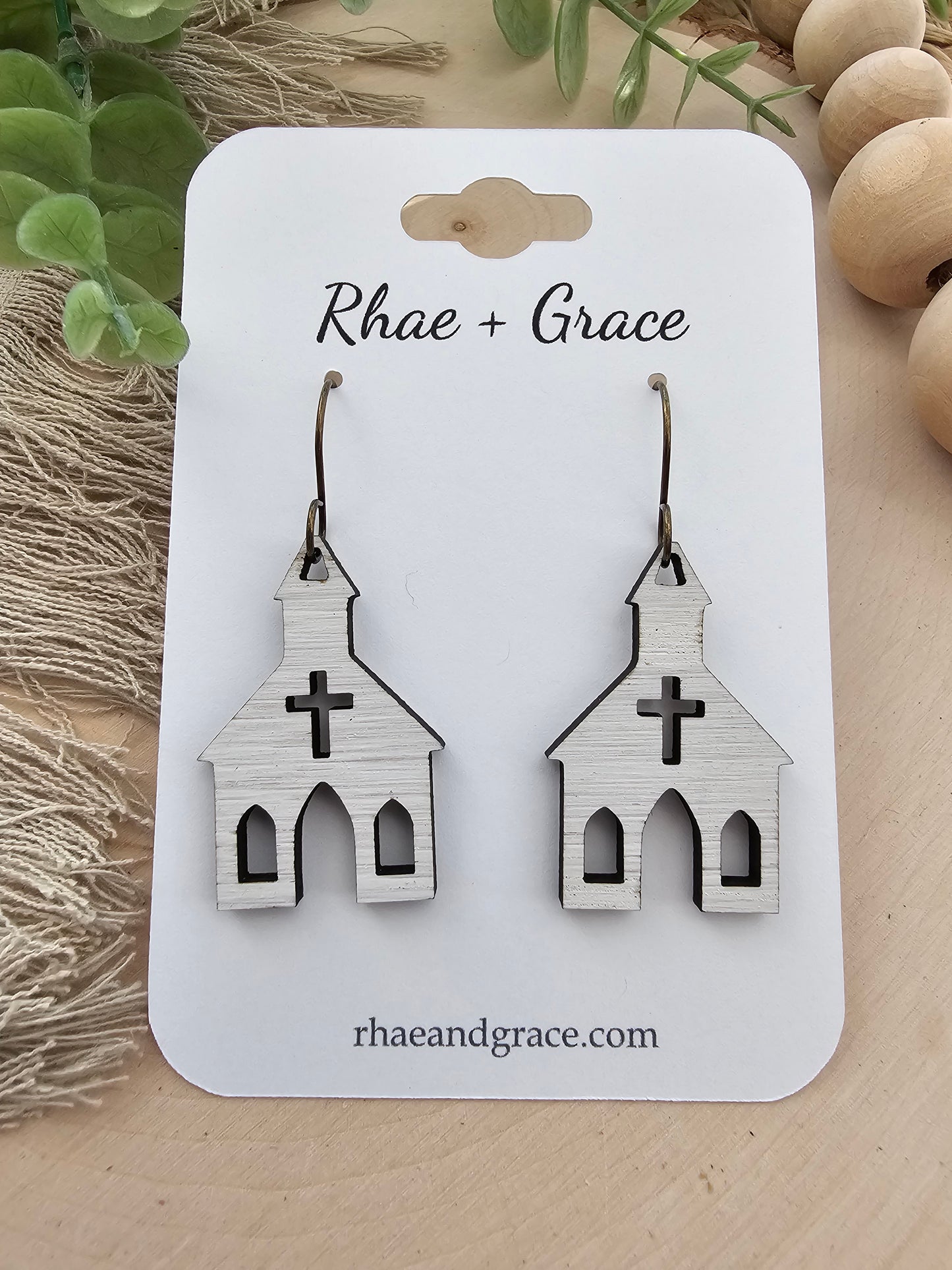 Little White Church Wood Earrings