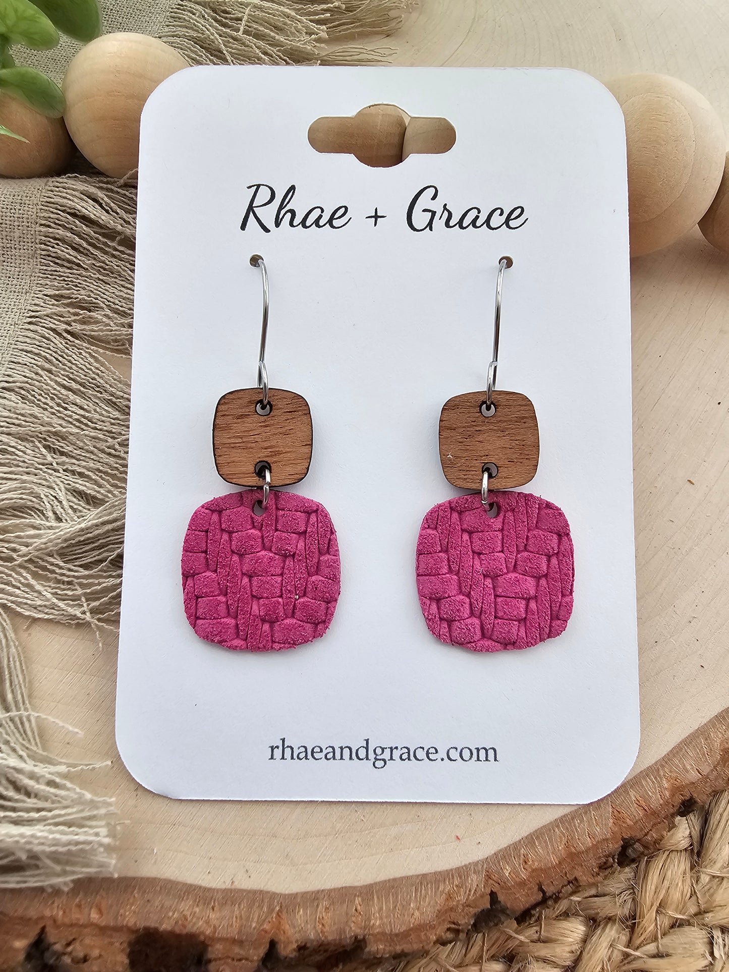 Hot Pink Knit Embossed Braid Rounded Square Earrings