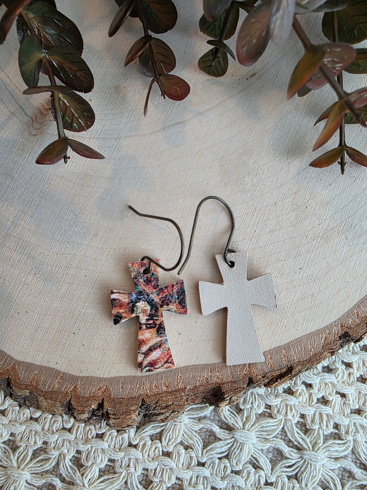 Dainty Rustic Autumn Dye Cross Earrings