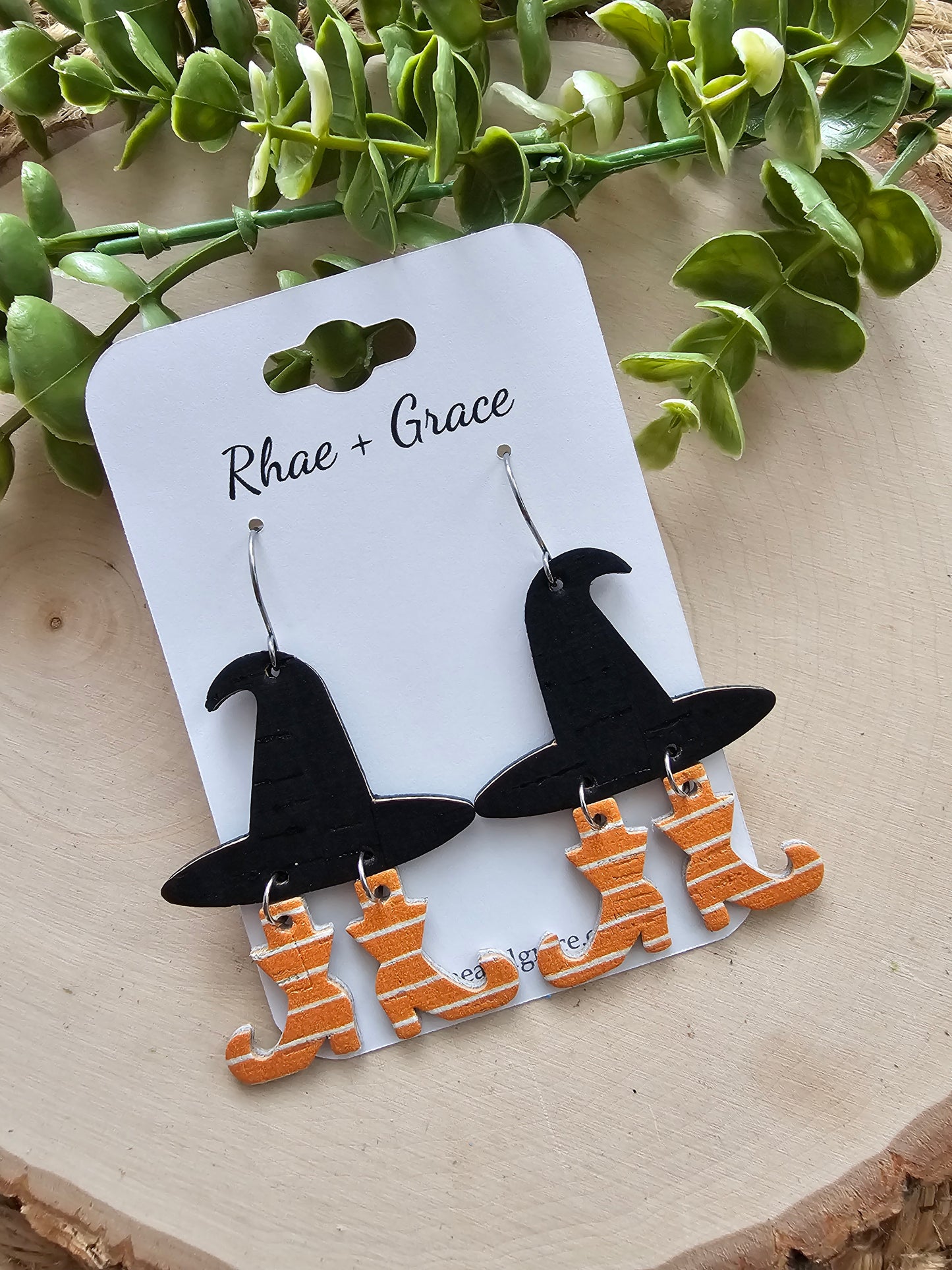 Witch Hat Orange & White Striped Boots Earrings